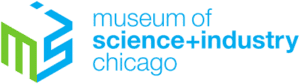 A blue and white logo for the museum of science chicago.