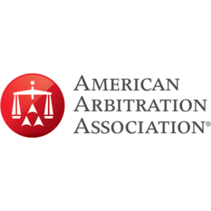 A red and white logo for the american arbitration association.